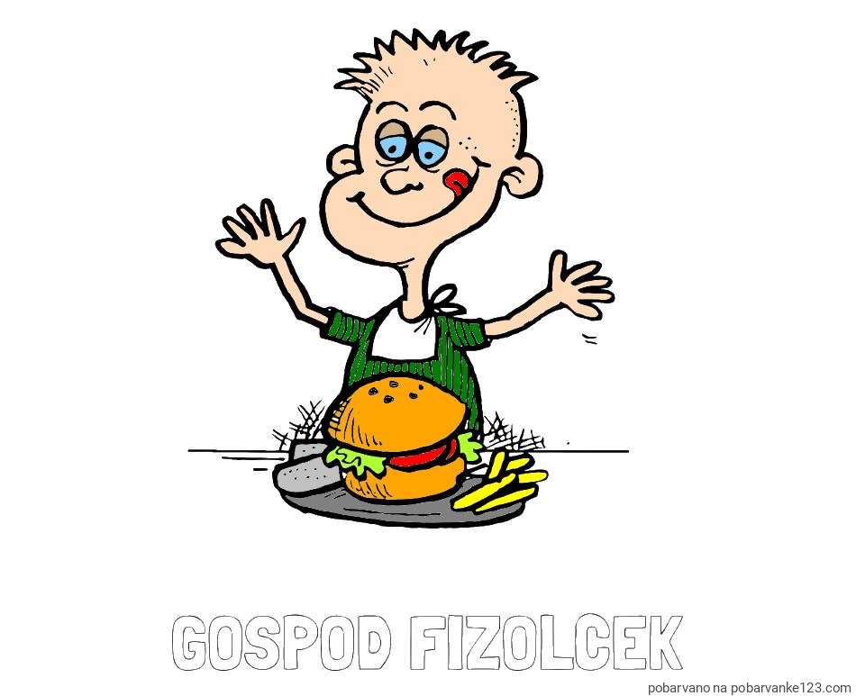 POBARVANA POBARVANKA - Pobarvanka imena GOSPOD FIŽOLČEK in pobarvanka otroka, ki je slastni hamburger z ocvrtim krompirčkom