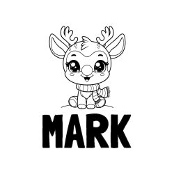 Pobarvana pobarvanka - Pobarvanka imena MARK in otroška pobarvanka jelenčka Rudolfa s šalom okoli vratu