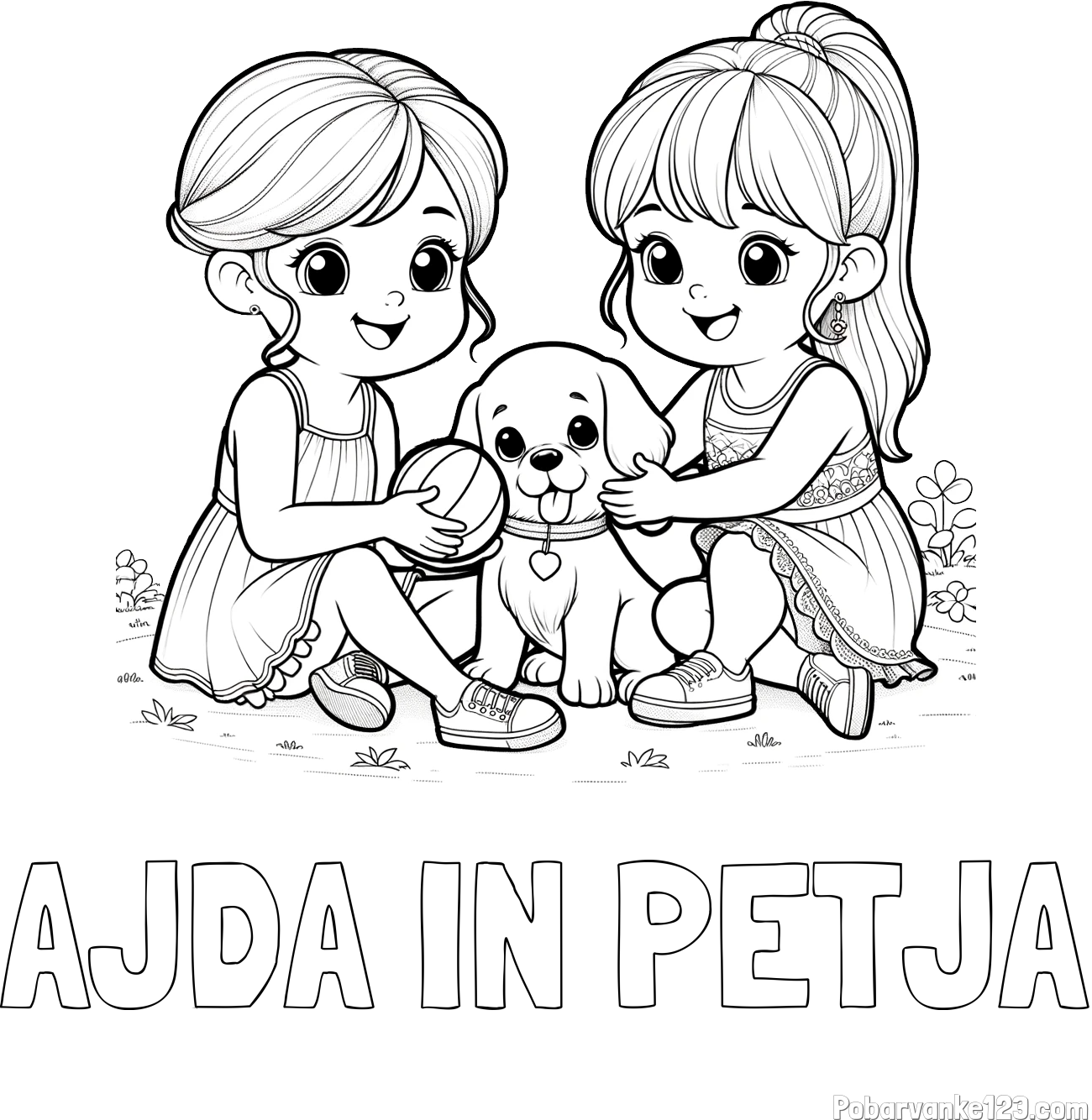 Pobarvanka imena AJDA IN PETJA in pobarvanka prijateljic s kužkom