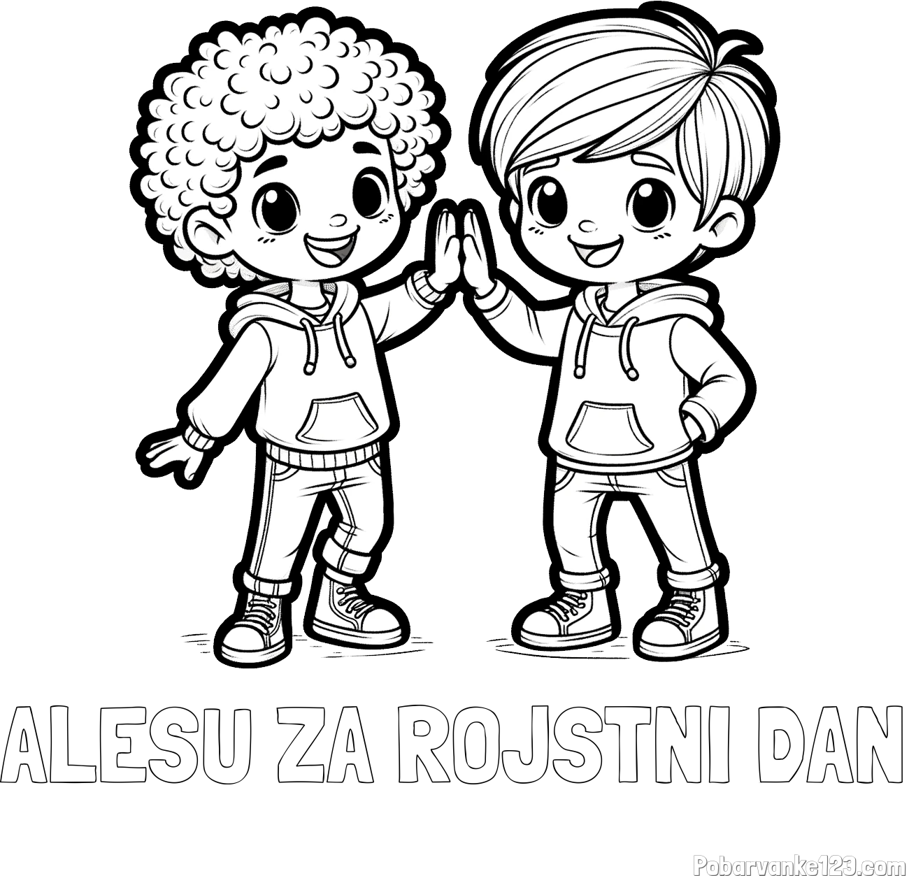 Pobarvanka imena ALEŠU ZA ROJSTNI DAN in pobarvanka dveh nasmejanih prijateljev