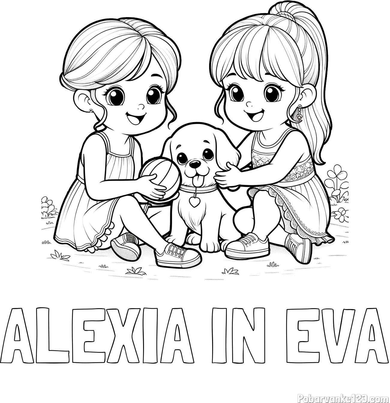 Pobarvanka imena ALEXIA IN EVA in pobarvanka prijateljic s kužkom