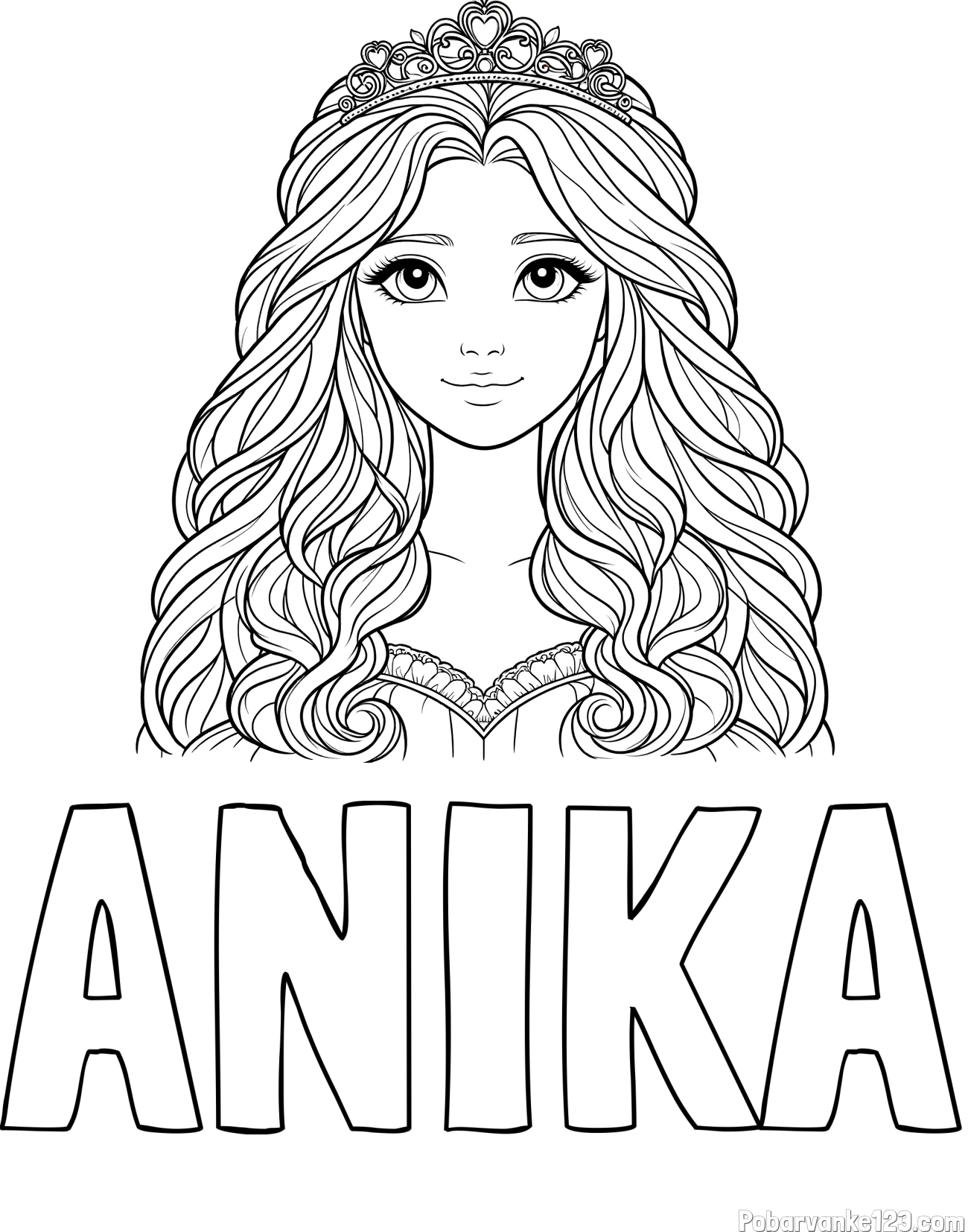 Pobarvanka imena ANIKA in pobarvanka ljubke princese z bujnimi lasmi