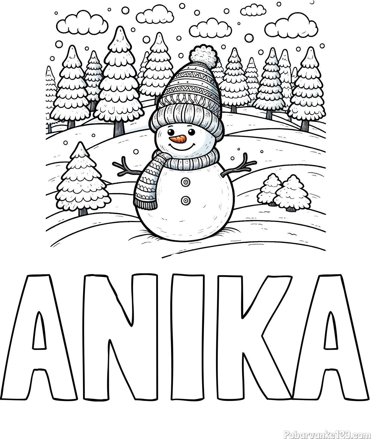 Pobarvanka imena ANIKA in pobarvanka snežaka v naravi obdanega z zasneženimi smrekami