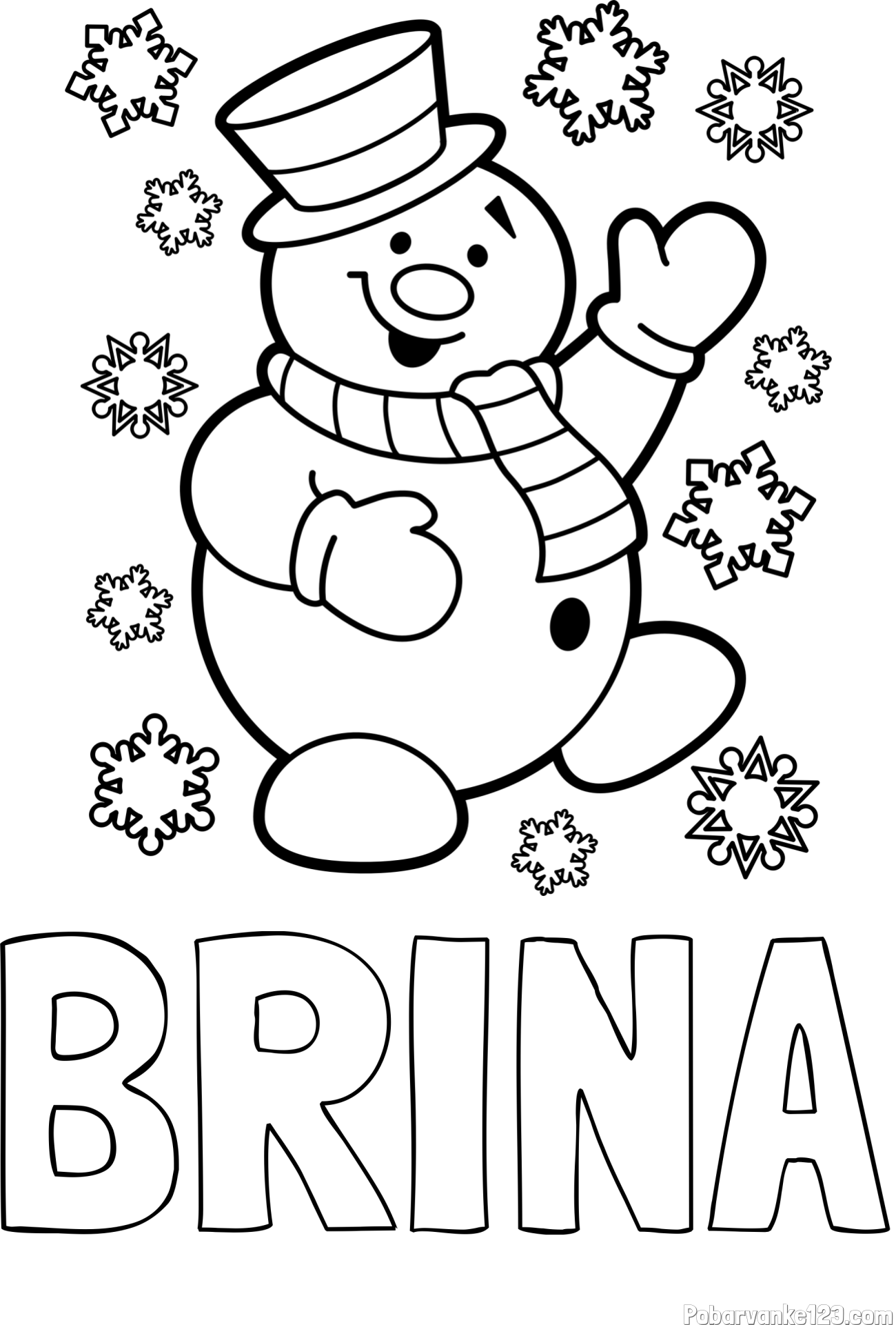 Pobarvanka imena BRINA in pobarvanka veselega snežaka