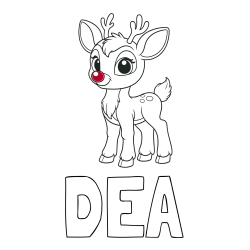 Online izdelana pobarvanka - Pobarvanka imena DEA in pobarvanka nasmejanega jelenčka Rudolfa