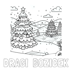 Online izdelana pobarvanka - Pobarvanka imena DRAGI  BOŽIČEK in pobarvanka božične smrečice v naravi