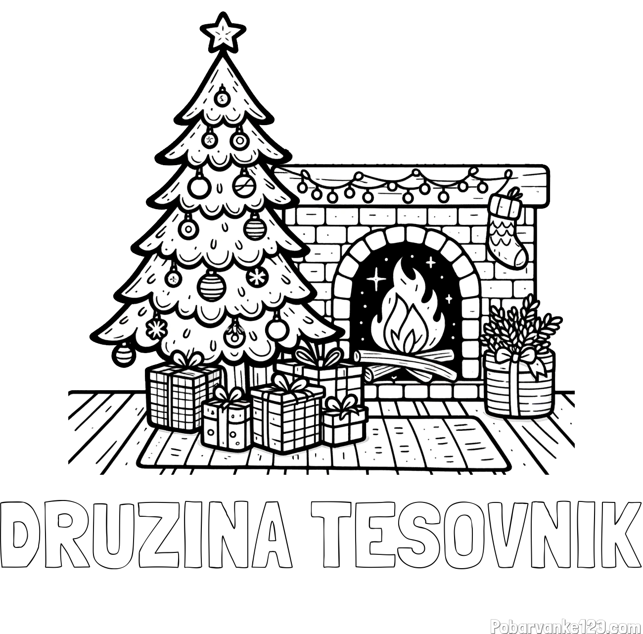 Pobarvanka imena DRUŽINA TESOVNIK in pobarvanka božične noči z božično smrečico, darili ter kaminom