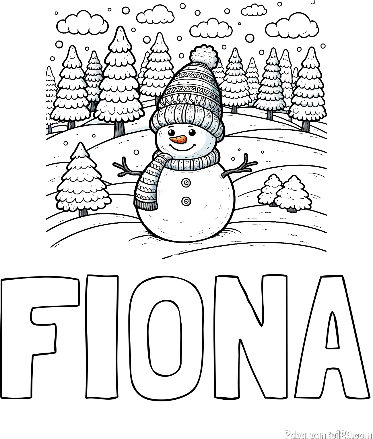 Pobarvanka imena FIONA in pobarvanka snežaka v naravi obdanega z zasneženimi smrekami