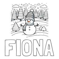 Online izdelana pobarvanka - Pobarvanka imena FIONA in pobarvanka snežaka v naravi obdanega z zasneženimi smrekami