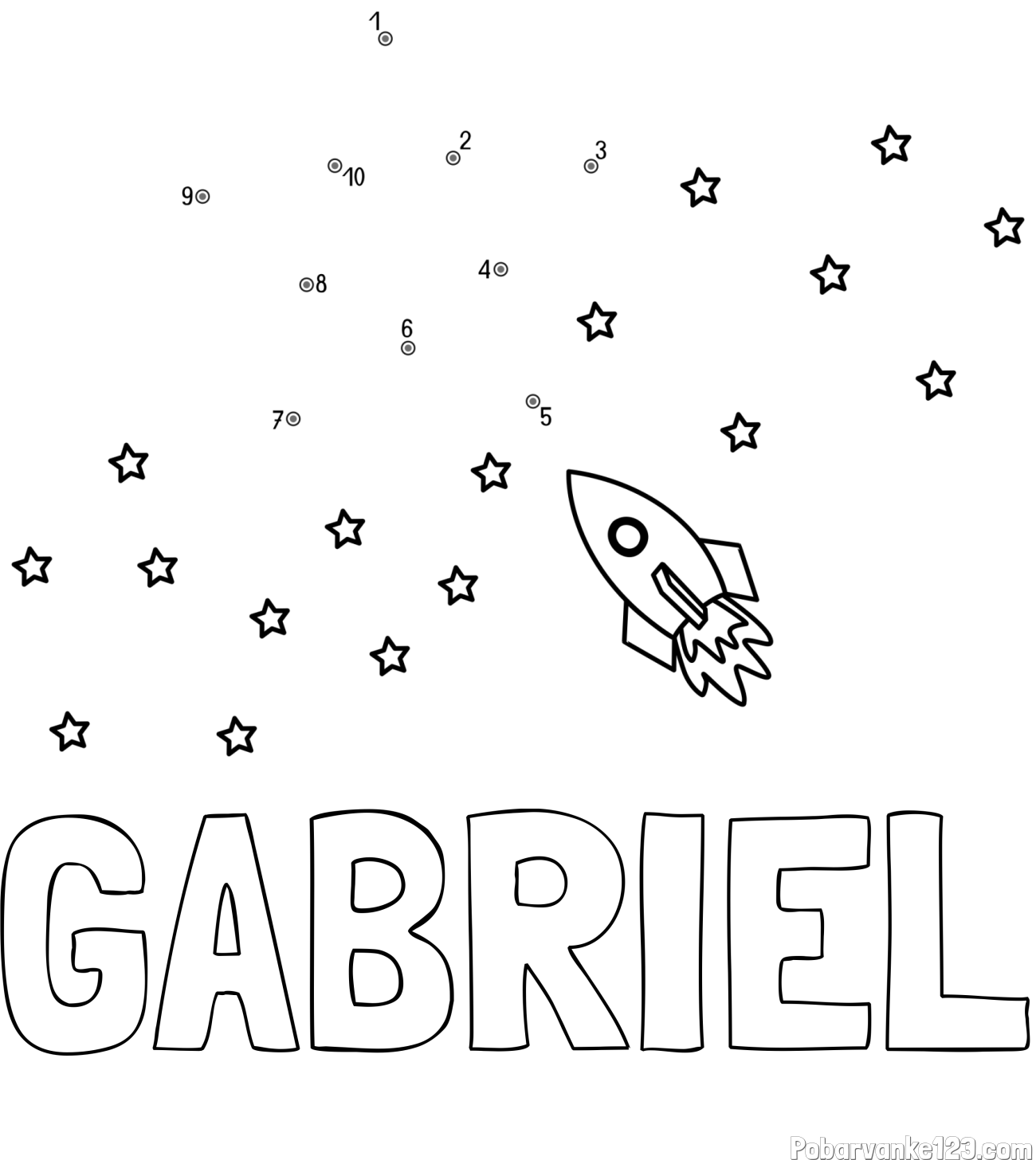 Pobarvanka imena GABRIEL in pobarvanka poveži številke - vesoljska tematika