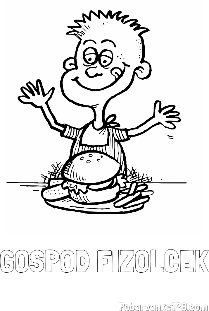 Pobarvanka imena GOSPOD FIŽOLČEK in pobarvanka otroka, ki je slastni hamburger z ocvrtim krompirčkom