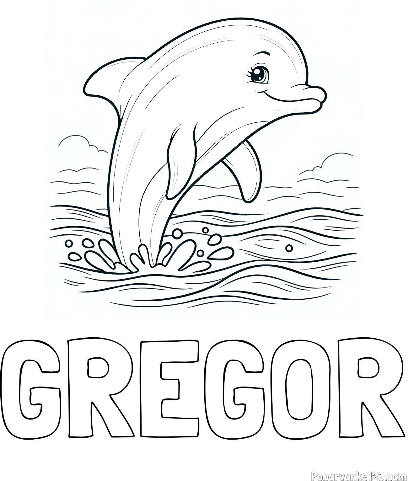 Pobarvanka imena GREGOR in pobarvanka nasmejanega delfina v  skoku