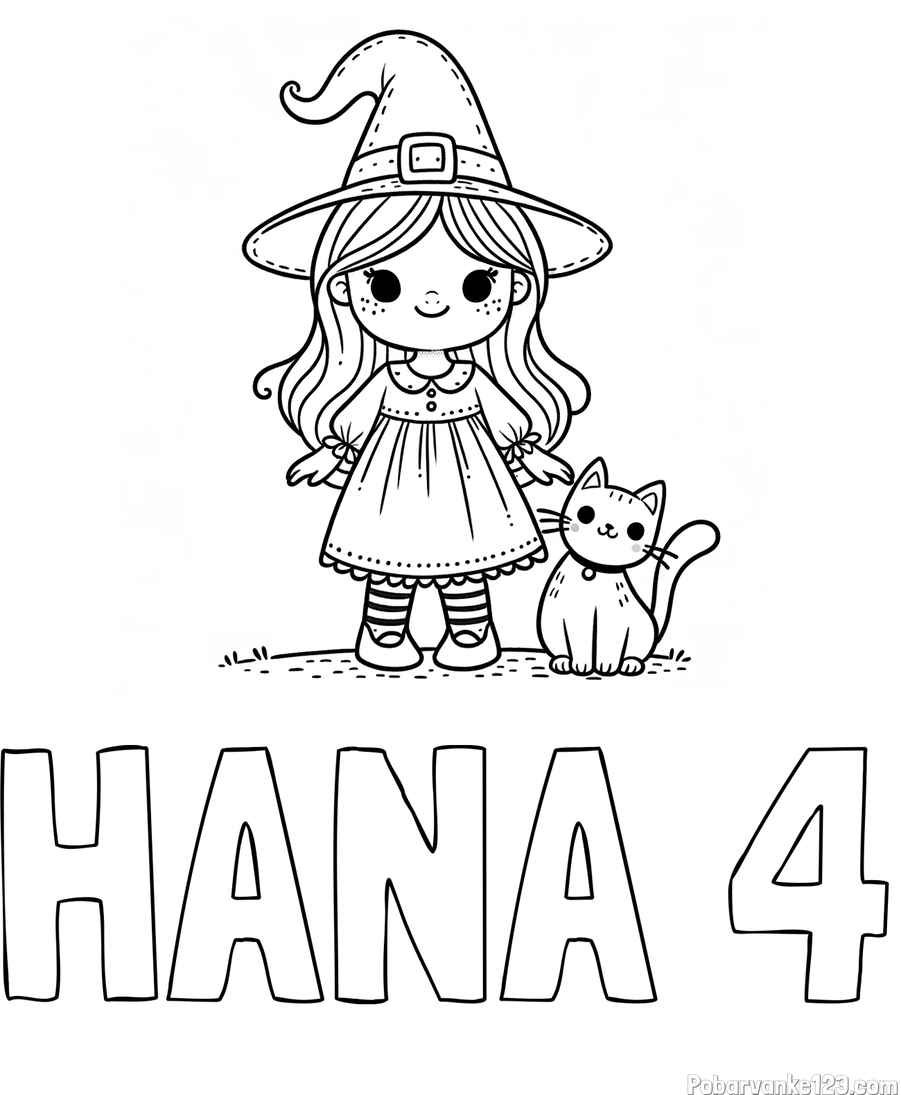 Pobarvanka imena HANA 4 in Čudovita pobarvanka ljubke čarovnice in nasmejane mačke