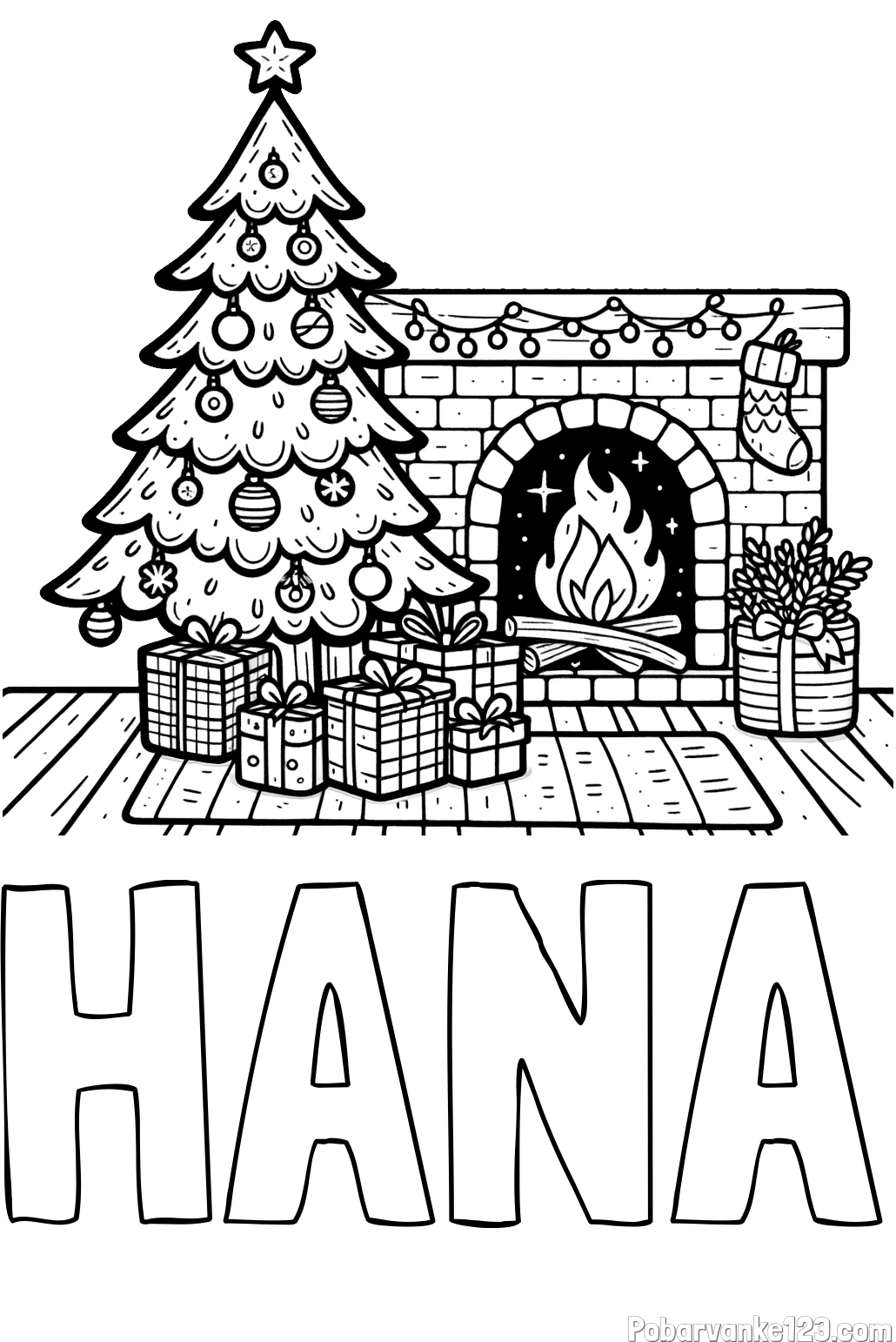 Pobarvanka imena HANA in pobarvanka božične noči z božično smrečico, darili ter kaminom