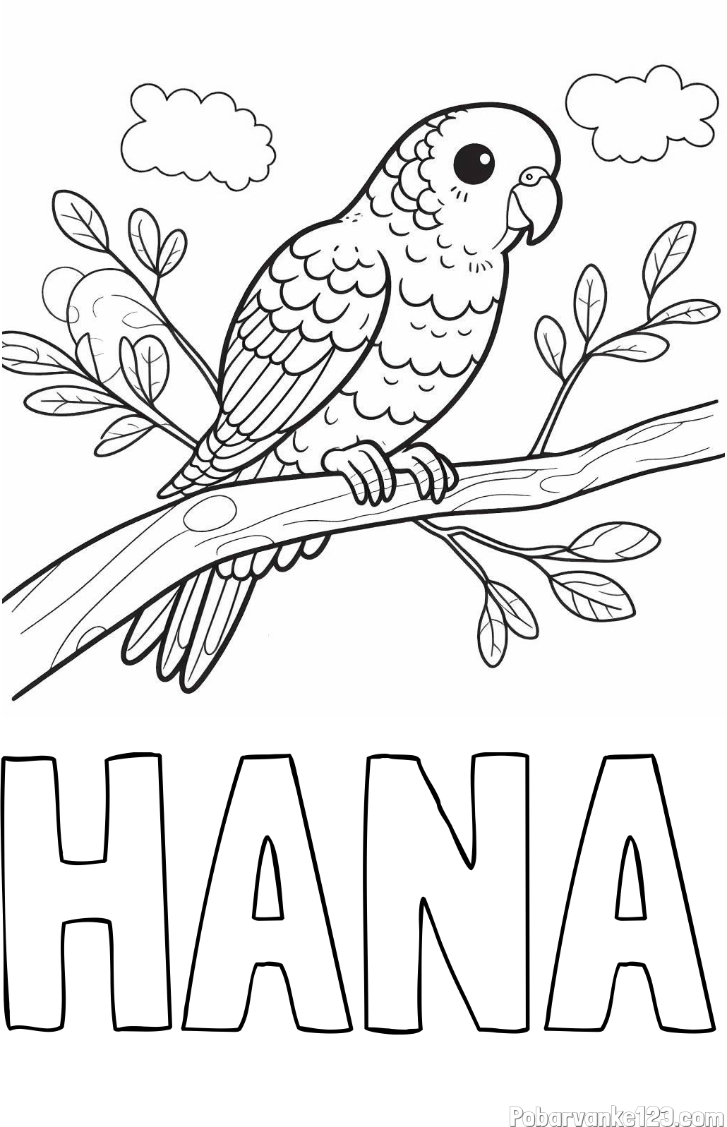Pobarvanka imena HANA in pobarvanka ljubkega kanarčka na veji