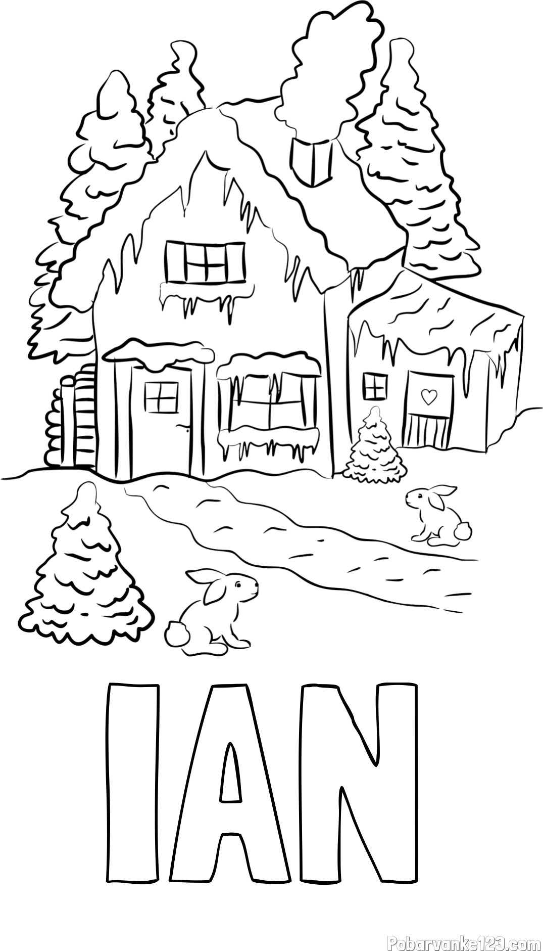 Pobarvanka imena IAN in pobarvanka zasnežene hiše