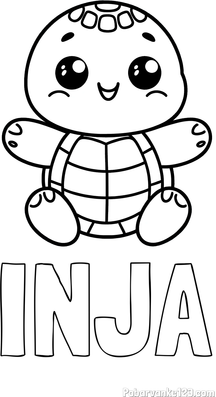 Pobarvanka imena INJA in otroška pobarvanka ljubke in nasmejane želvice