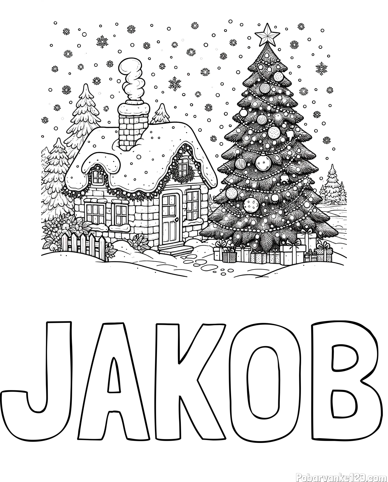 Pobarvanka imena JAKOB in pobarvanka zasnežene hiške na božično noč