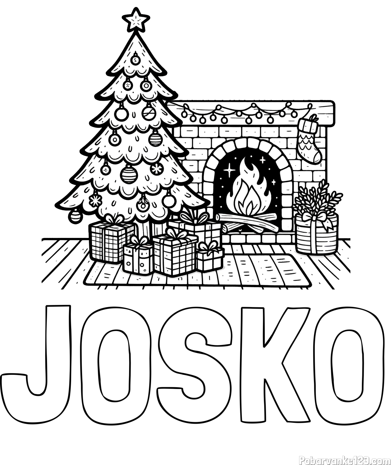 Pobarvanka imena JOŠKO in pobarvanka božične noči z božično smrečico, darili ter kaminom
