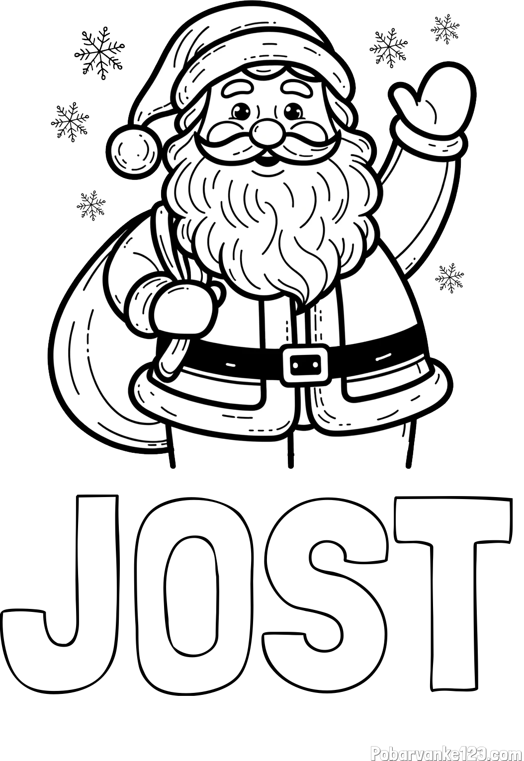 Pobarvanka imena JOŠT in pobarvanka nasmejanega Božička s polno vrečo daril