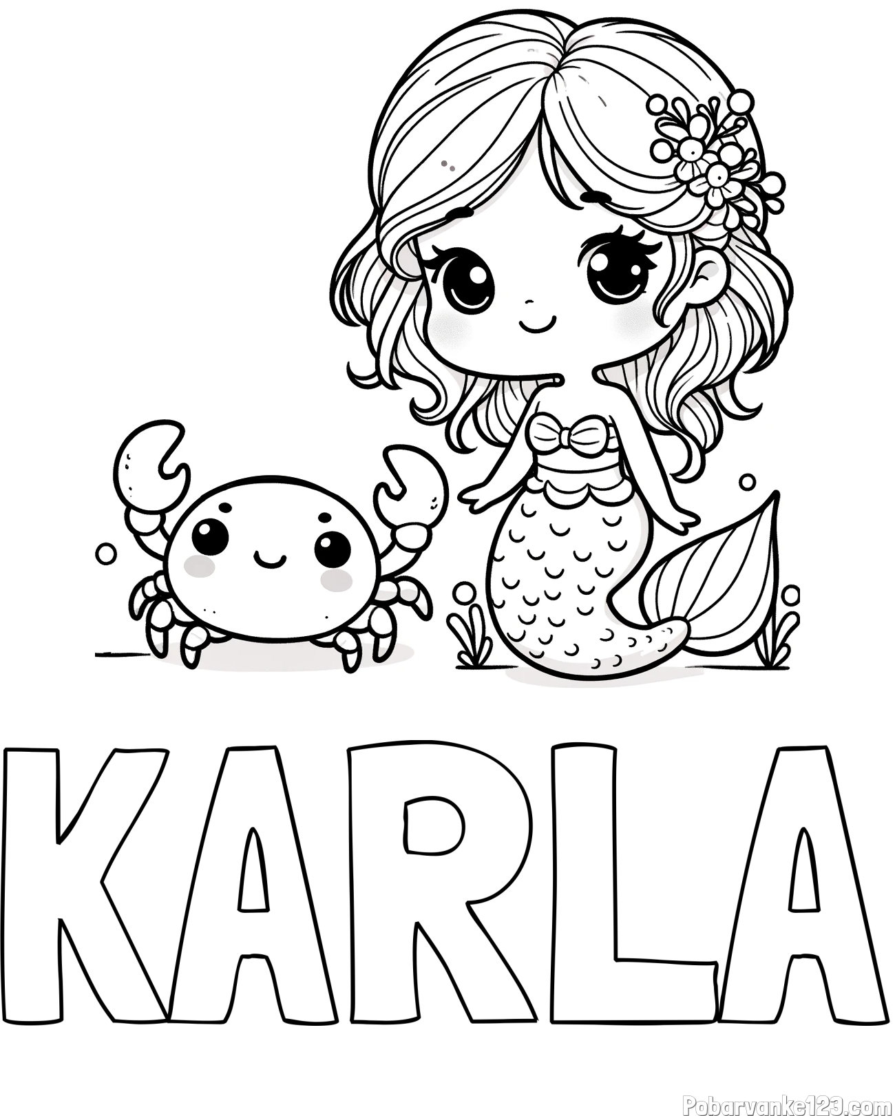 Pobarvanka imena KARLA in pobarvanka ljubke morske deklice in veselega raka