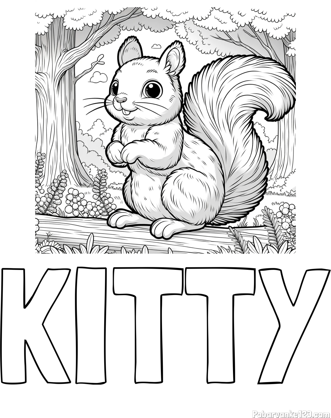Pobarvanka imena KITTY in pobarvanka veverice v gozdu