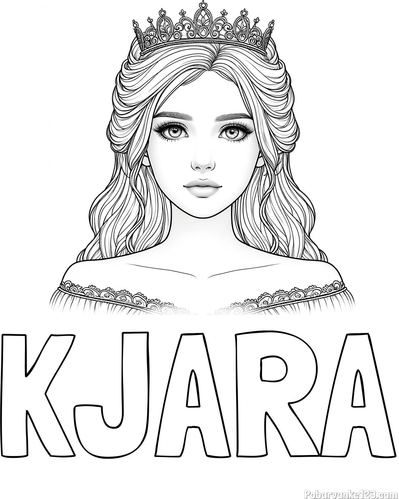 Pobarvanka imena KJARA in pobarvanka prikupne princeske s čudovitimi očmi