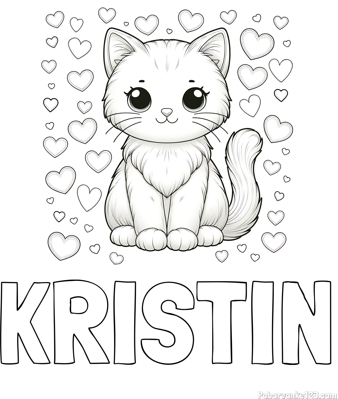 Pobarvanka imena KRISTIN in pobarvanka ljubke mucke obdane s srčki