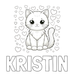 Online izdelana pobarvanka - Pobarvanka imena KRISTIN in pobarvanka ljubke mucke obdane s srčki