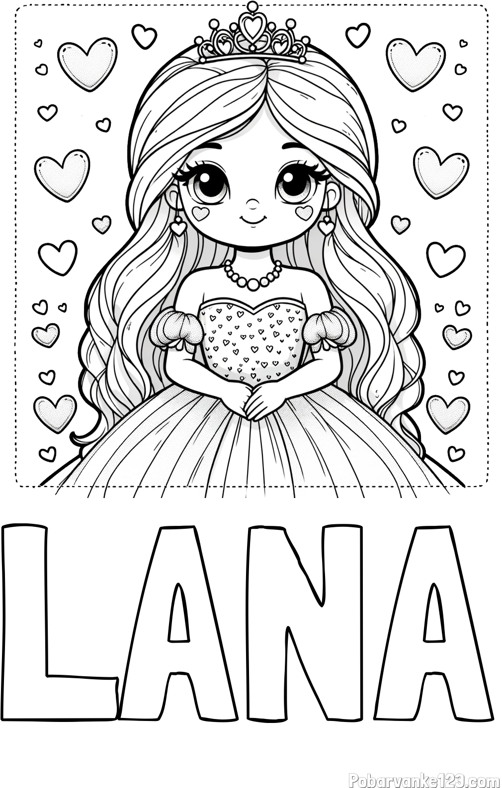 Pobarvanka imena LANA in pobarvanka ljubke princese obdane s srčki