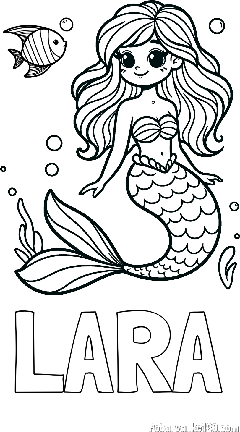 Pobarvanka imena LARA in pobarvanka male morske deklice in ribice