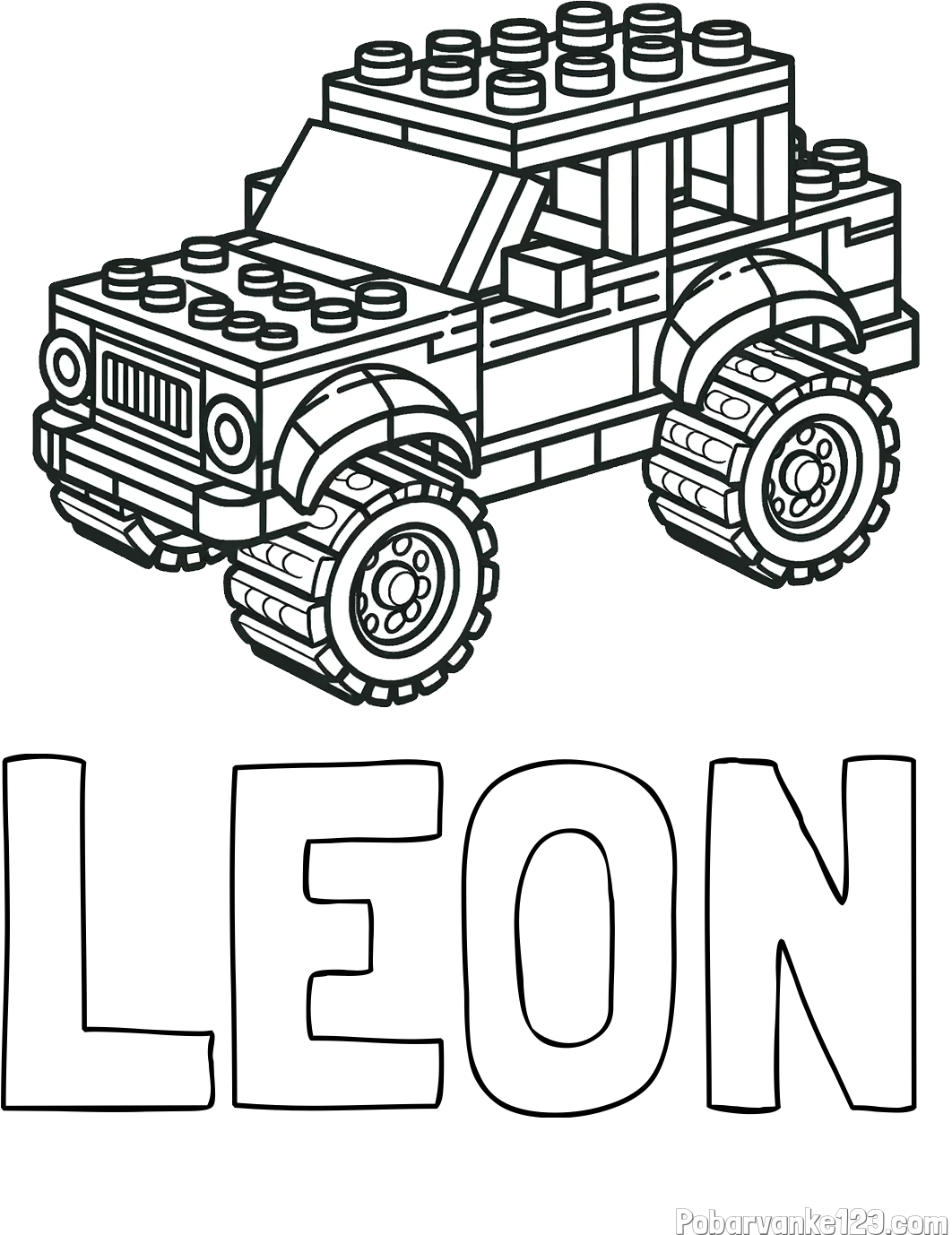 Pobarvanka imena LEON in pobarvanka džipa sestavljenega iz LEGO kock