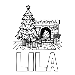 Online izdelana pobarvanka - Pobarvanka imena LILA in pobarvanka božične noči z božično smrečico, darili ter kaminom