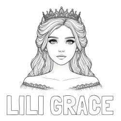 Online izdelana pobarvanka - Pobarvanka imena LILI GRACE in pobarvanka prikupne princeske s čudovitimi očmi