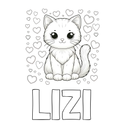 Online izdelana pobarvanka - Pobarvanka imena LIZI in pobarvanka ljubke mucke obdane s srčki
