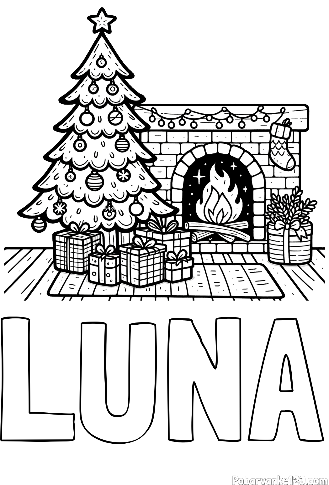 Pobarvanka imena LUNA in pobarvanka božične noči z božično smrečico, darili ter kaminom
