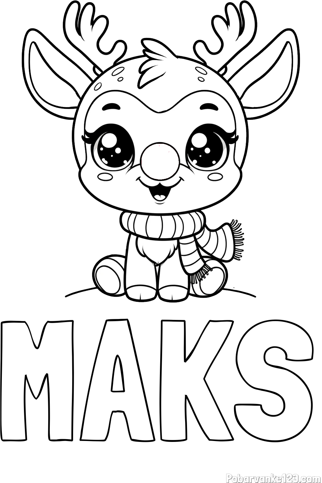 Pobarvanka imena MAKS in otroška pobarvanka jelenčka Rudolfa s šalom okoli vratu