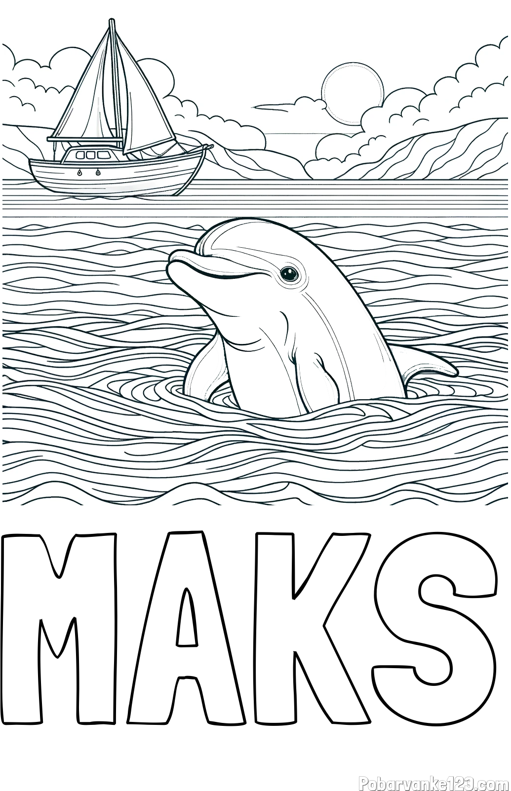 Pobarvanka imena MAKS in pobarvanka delfina v morju ter jadrnice