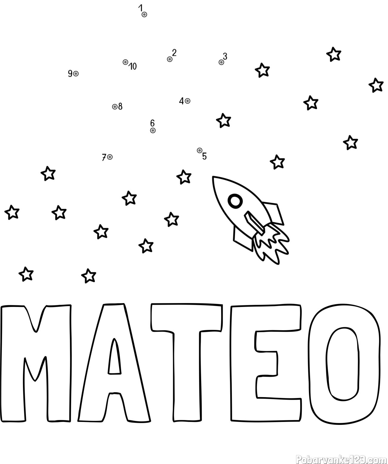 Pobarvanka imena MATEO in pobarvanka poveži številke - vesoljska tematika