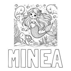 Online izdelana pobarvanka - Pobarvanka imena MINEA in pobarvana ljubke morske deklice s prijatelji