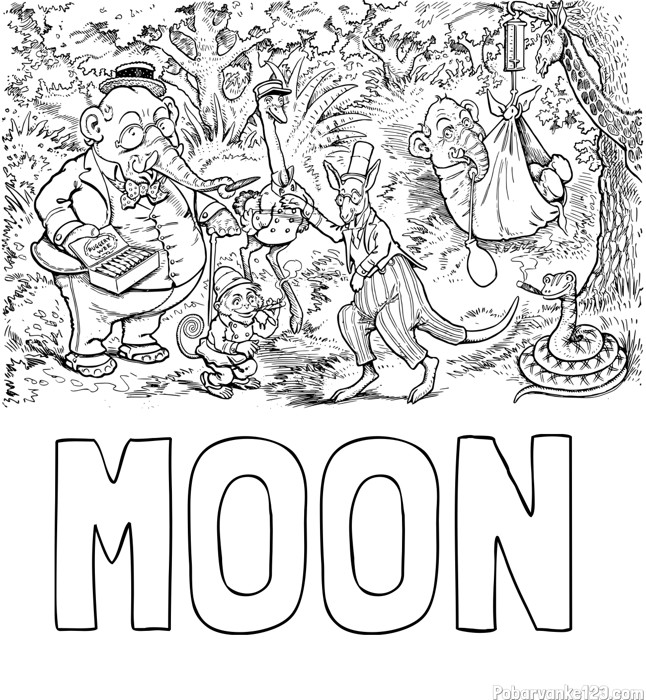 Pobarvanka imena MOON in pobarvanka živali v živalskem vrtu