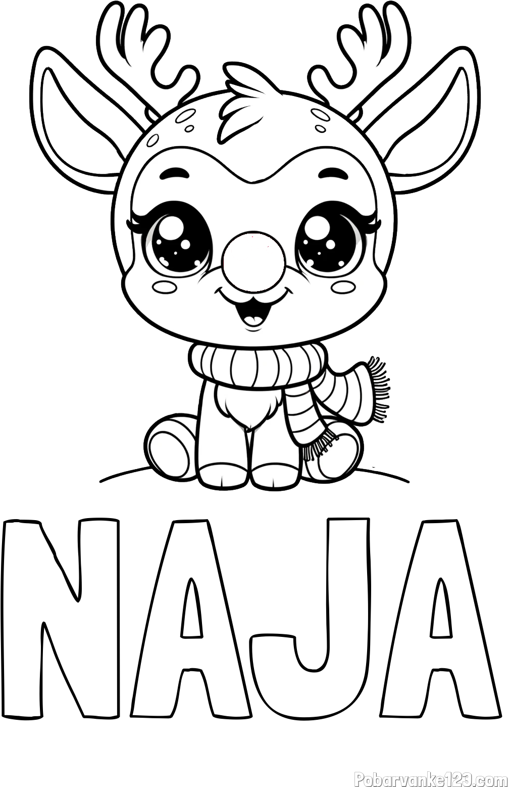 Pobarvanka imena NAJA in otroška pobarvanka jelenčka Rudolfa s šalom okoli vratu