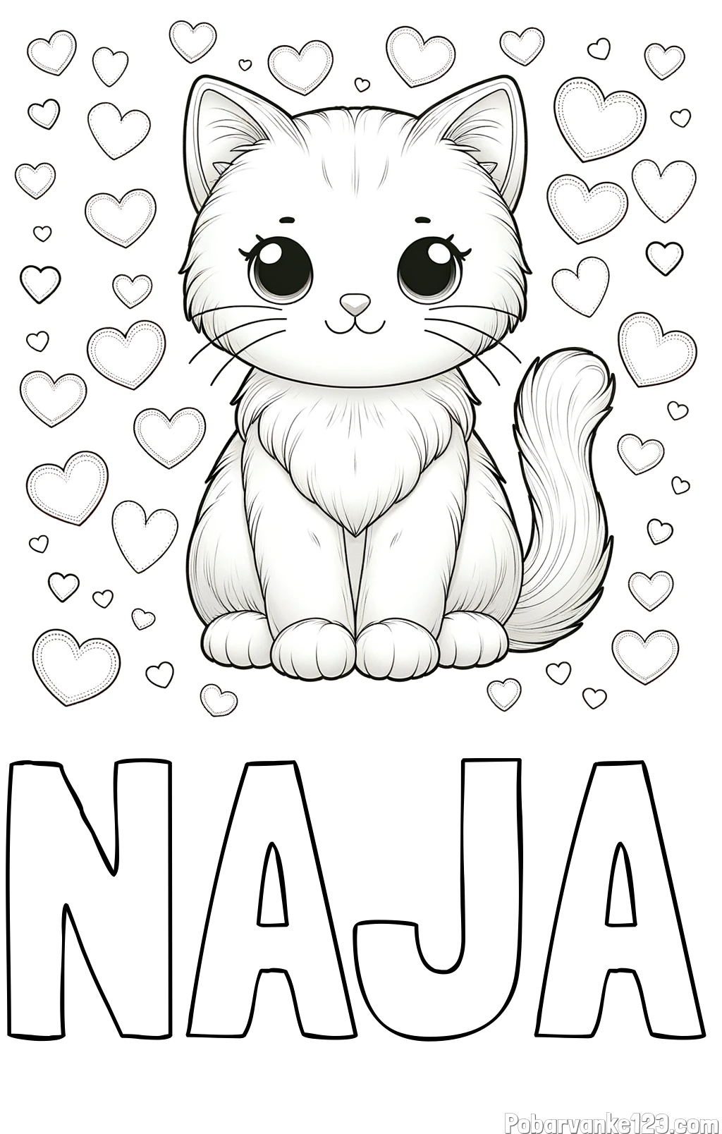 Pobarvanka imena NAJA in pobarvanka ljubke mucke obdane s srčki