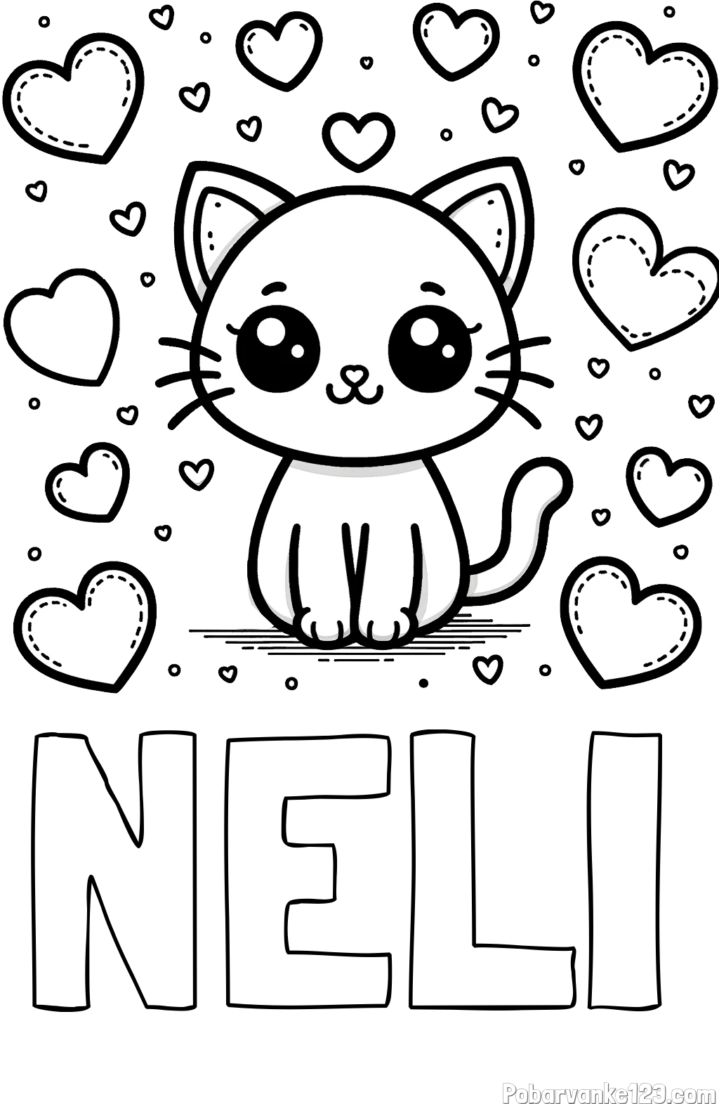 Pobarvanka imena NELI in pobarvanka ljubke mucke obdane z veliko srčki