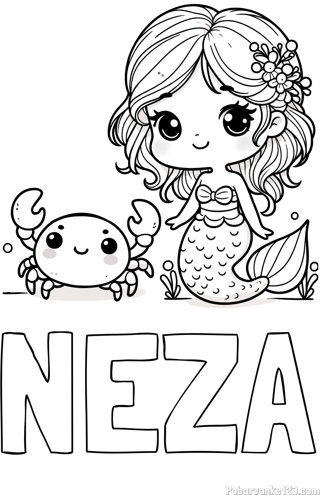 Pobarvanka imena NEŽA in pobarvanka ljubke morske deklice in veselega raka