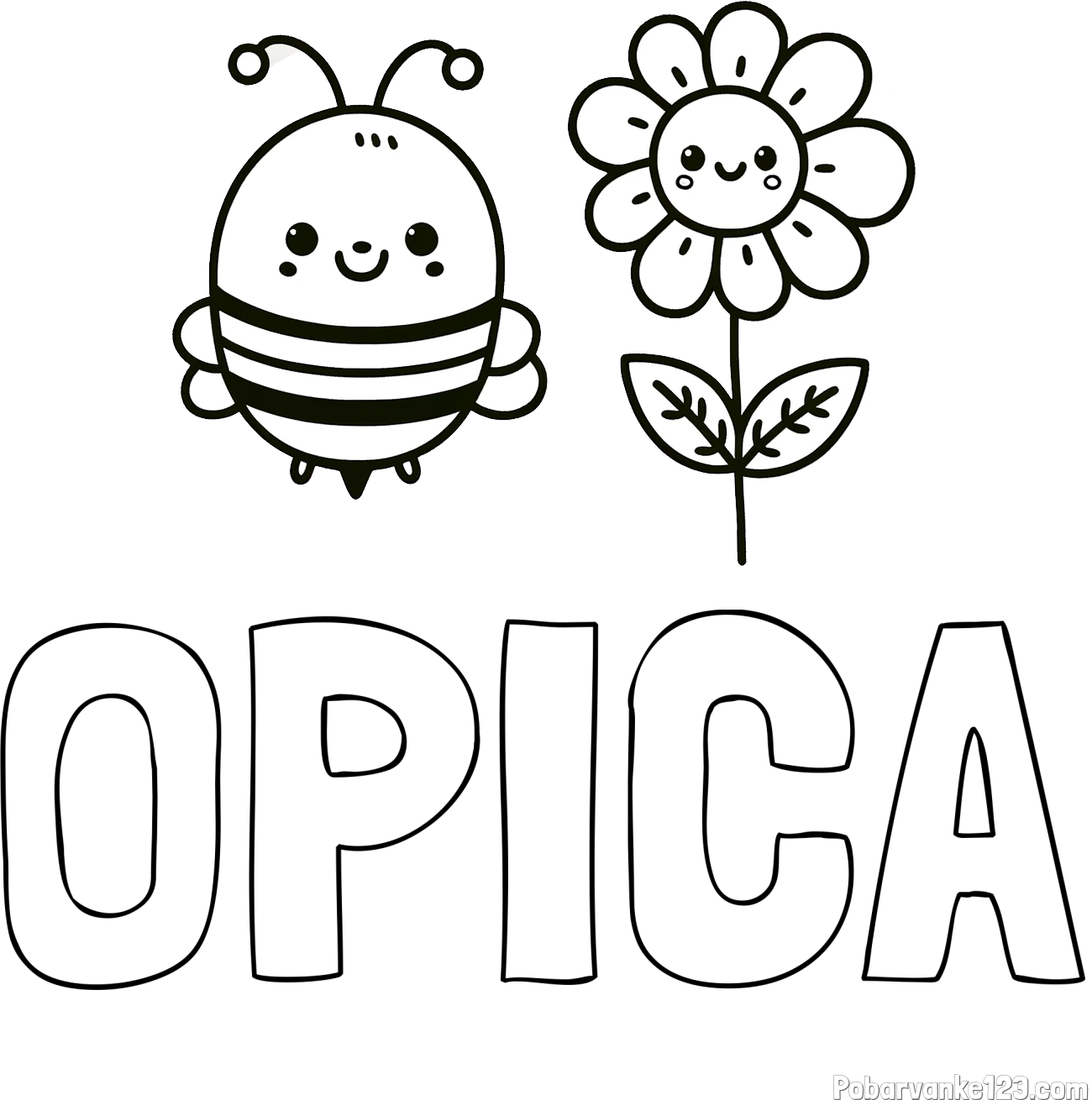 Pobarvanka imena OPICA in pobarvanka ljubke čebelice in nasmejane rože