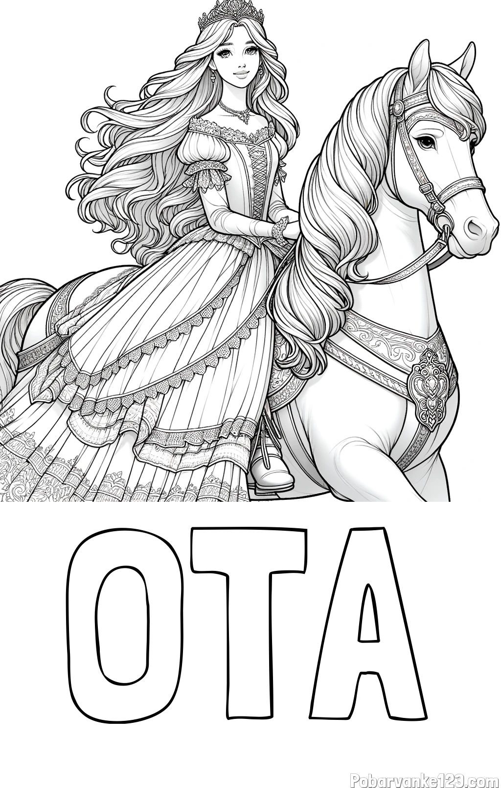Pobarvanka imena OTA in pobarvanka nasmejana princese na konju