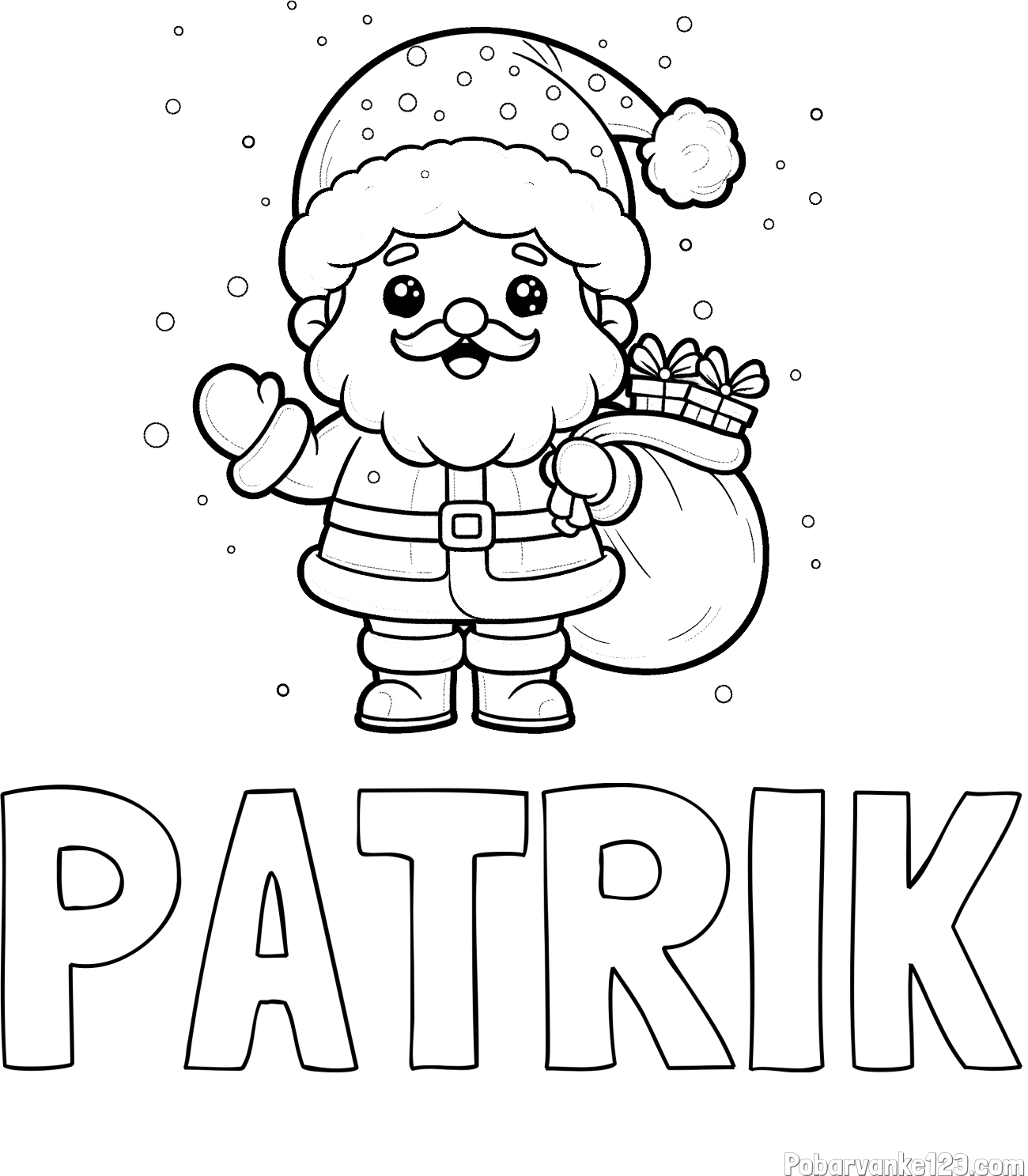 Pobarvanka imena PATRIK in pobarvanka Božička s polno vrečo daril