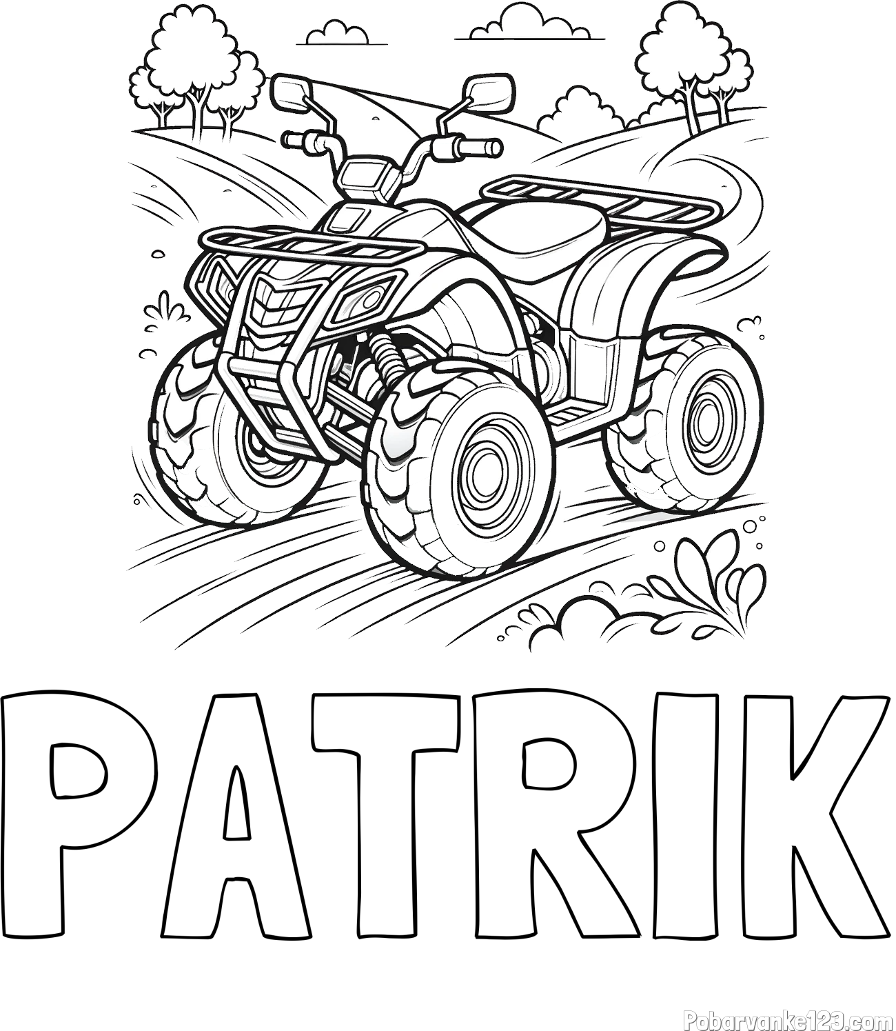 Pobarvanka imena PATRIK in pobarvanka štirikolesnika na cesti