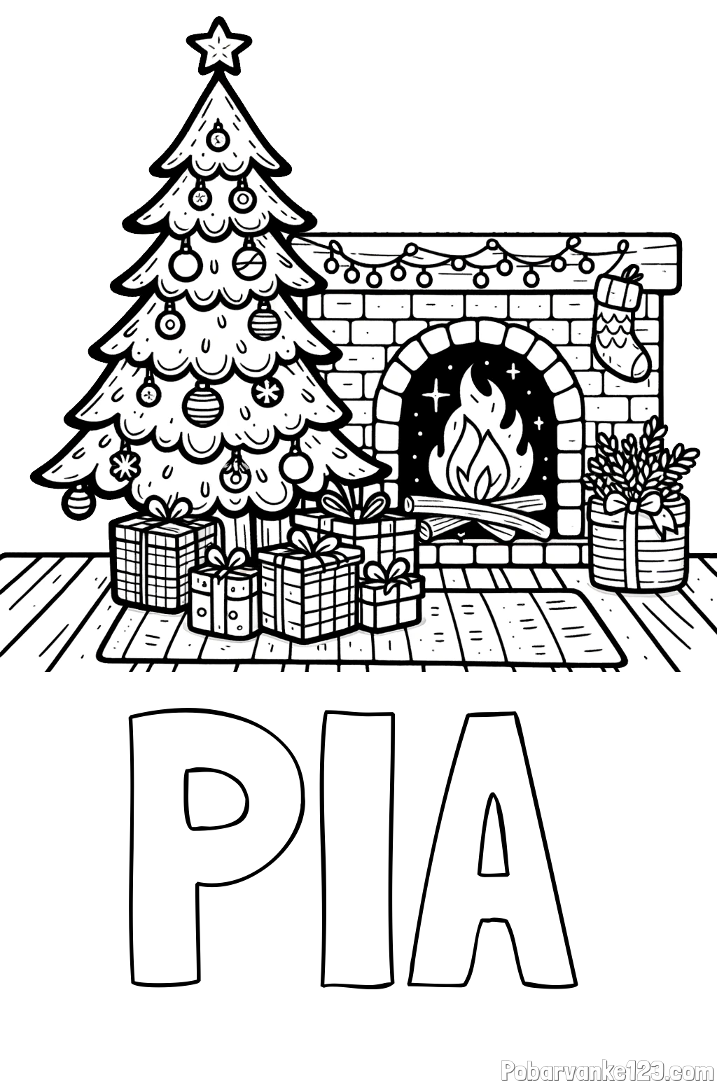 Pobarvanka imena PIA in pobarvanka božične noči z božično smrečico, darili ter kaminom
